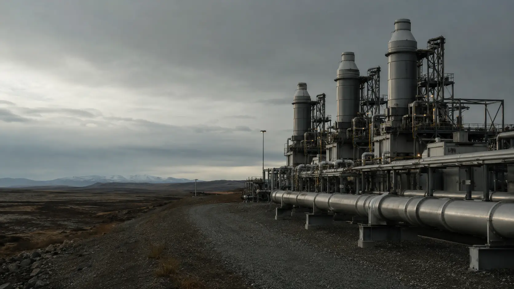 Industrial plant and utility infrastructure under soft overcast light.
