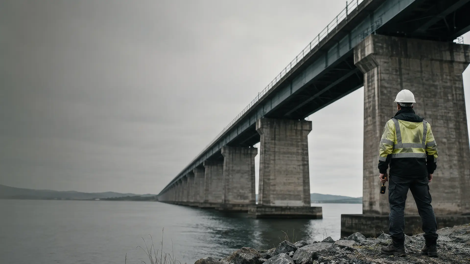 Bridge and infrastructure span over a broad body of water.
