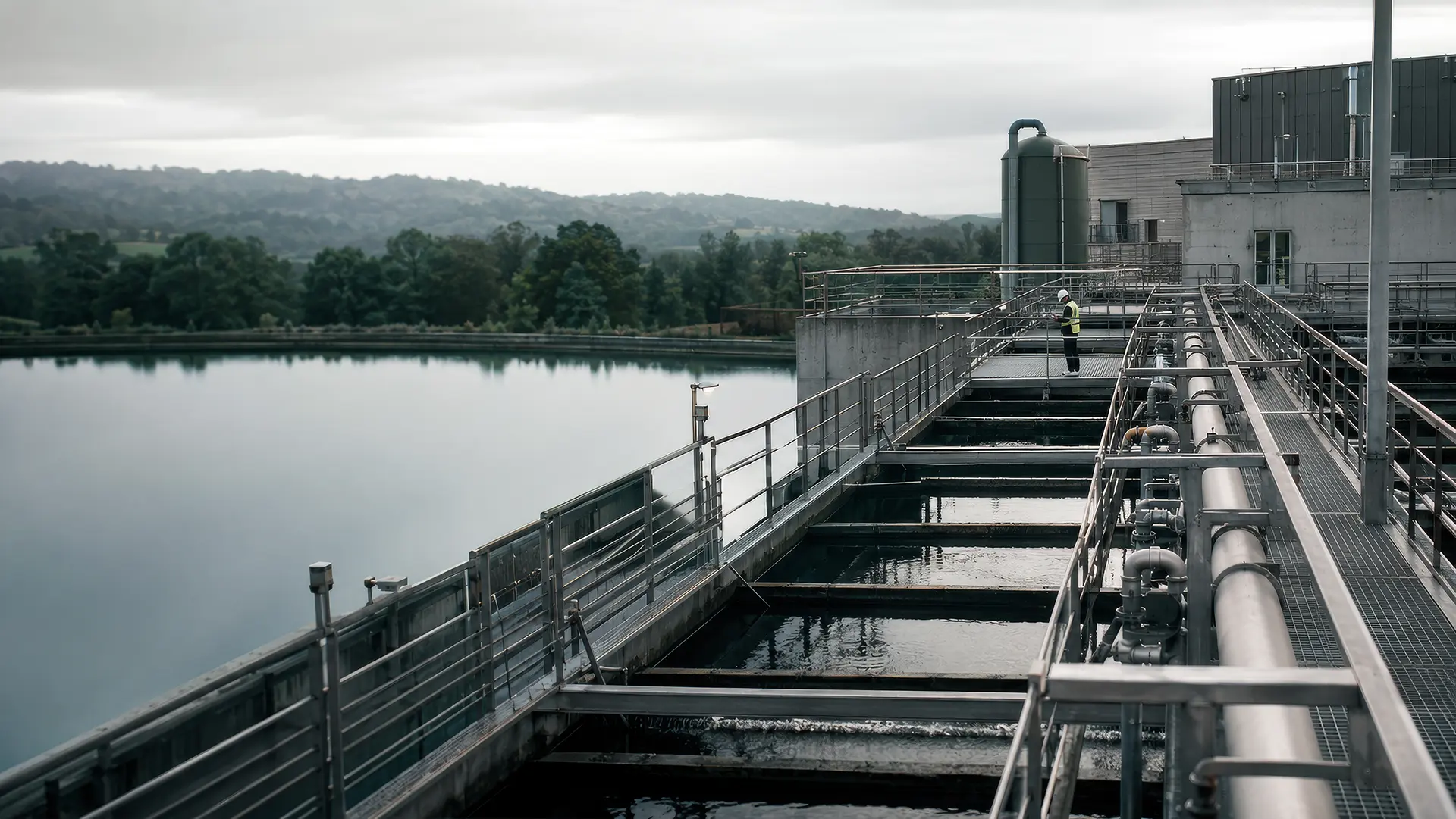 Water and utility infrastructure with pipes and inspection paths.