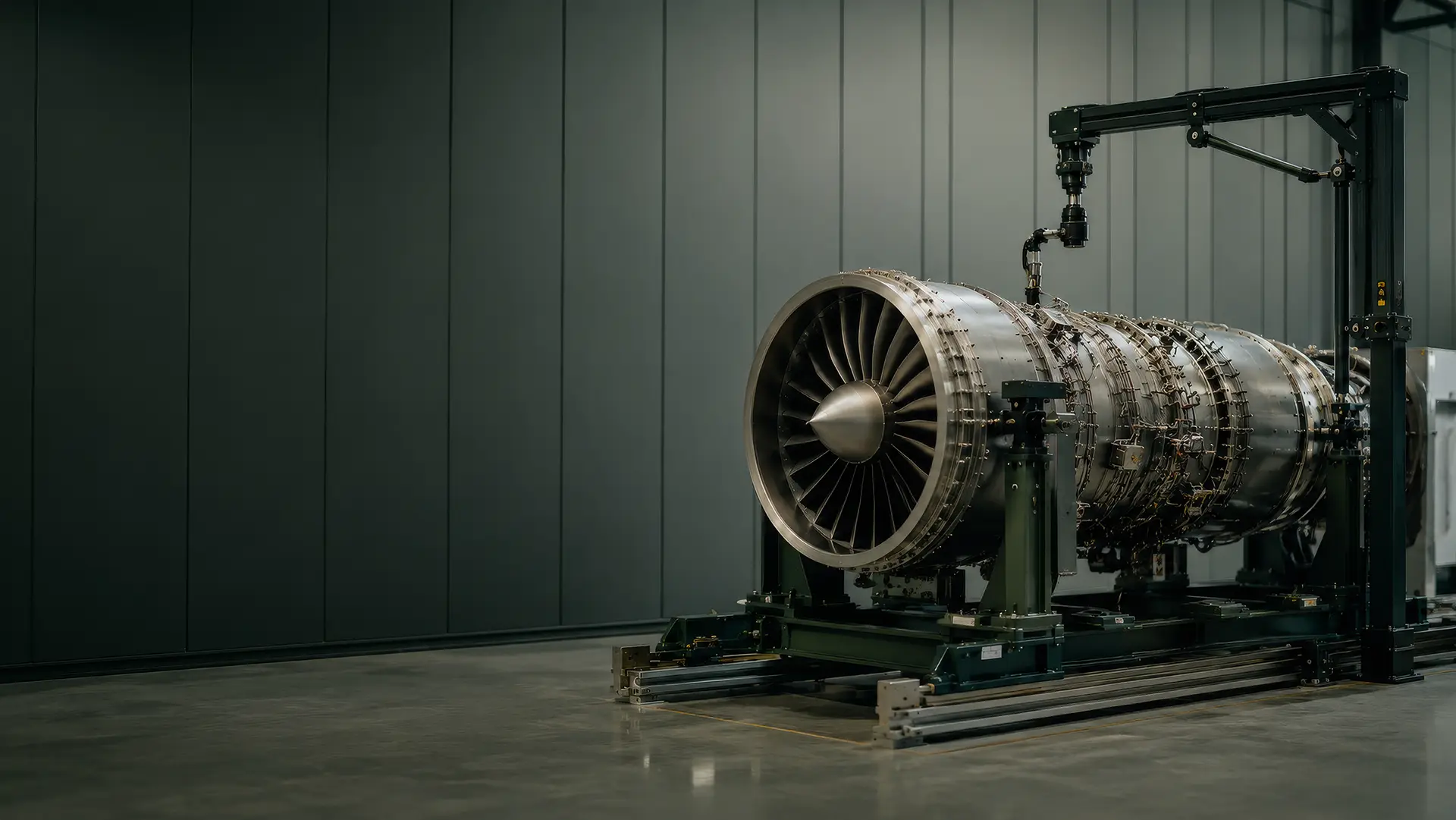 A jet turbine in a dimly-lit warehouse