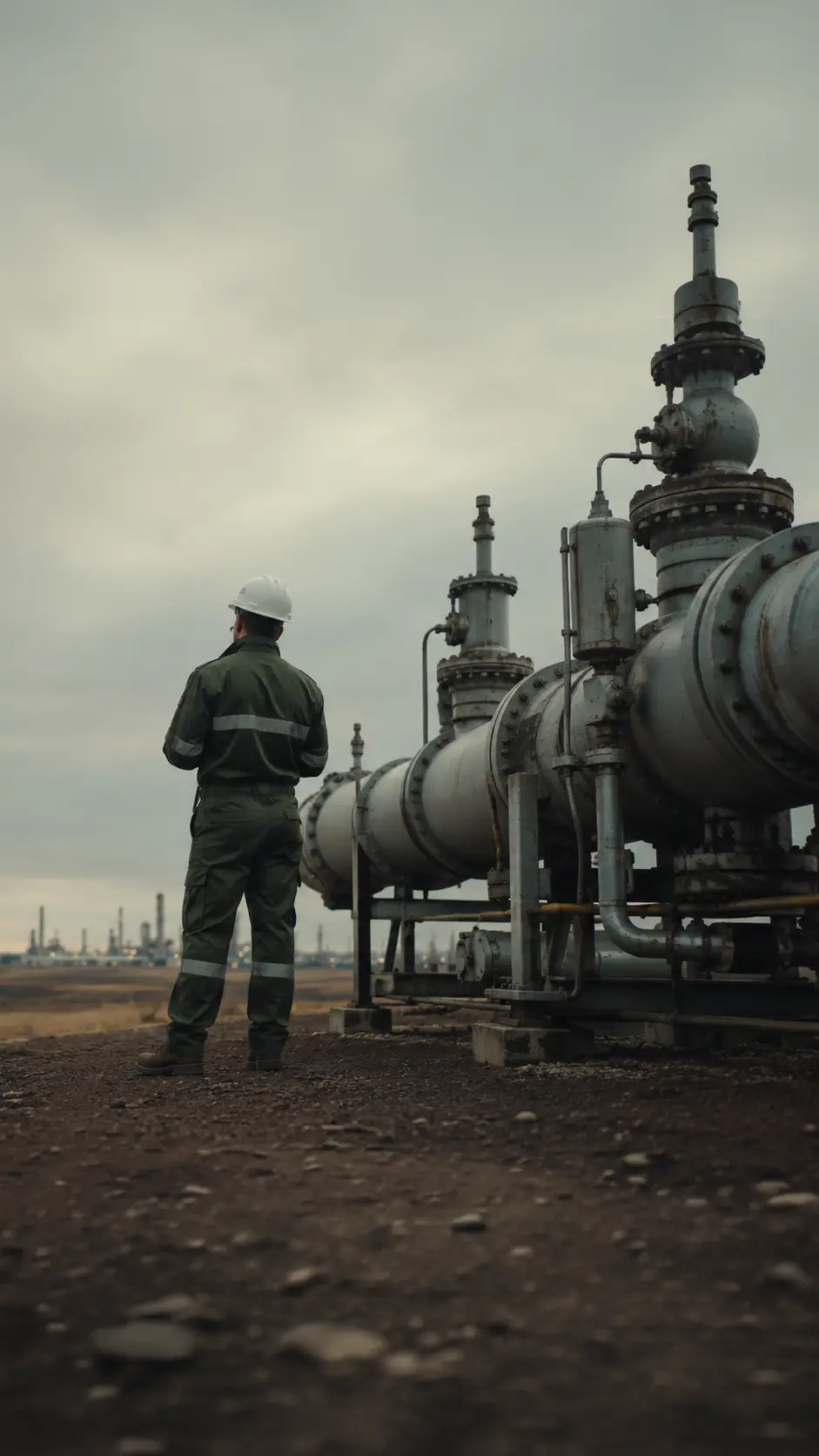 Oilworker standing next to a pipeline node